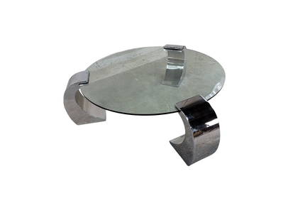 Postmodern Karl Springer Style Beveled Glass Waterfall Cantilever Leg Coffee Table: Vintage from before 2000 Materials: chrome Postmodern Karl Spinger Style Round Beveled Glass 3 Chrome Waterfall Cantilever Leg Coffee Table This table is an ideal centerpiece for modern interiors, sea