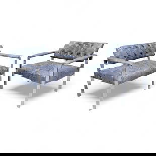 Mid Century Modern Milo Baughman Style Chrome Button Tufted Lounge Chairs Newly Upholstered in: Vintage from before 2000 Mid Century Modern Milo Baughman Style Button Tufted Chrome Flat Bar Lounge Chairs Newly Upholstered In Designer Blu Snake Patterned Embossed Leather - Pair Featuring a pair o