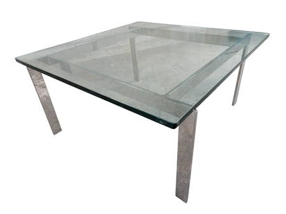 Mid Century Modern Fritz Hansen Style Beveled Glass Top Coffee Table: Vintage from before 2000 Mid Century ModernFritz Hansen Style Chromed Base Squared Beveled Glass Top Coffee Table Its minimalist design seamlessly blends with various decor styles, while the durable m