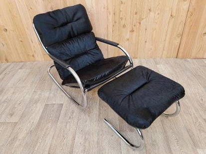 MCM Milo Baughman Rocker & Ottoman Newly Upholstered In Black Leather and Cowhide: Vintage from before 2000 Mid Century Modern Milo Baughman Tubular Chrome Rocker &amp; Ottoman Newly Upholstered In Black Leather and Cowhide This MCM Milo Baughman designed low profile tubular chrome