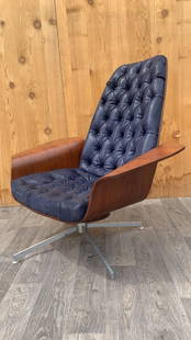 Mid Century Modern George Mulhauser Mr. Chair Lounge Newly Upholstered in Leather: Vintage from before 2000 Mid Century Modern George Mulhauser for Plycraft "Mr. Chair" Lounge Chair Newly Upholstered in Burberry Print Blue Leather We upholstered this iconic MCM George Mulhauser "Mr.