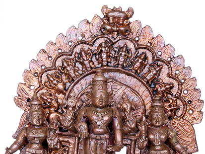 7" Lord Vishnu Bronze Idol with Sridevi and Bhudevi with Dashavatara Arch: Title: 7" Lord Vishnu Bronze Idol with Sridevi and Bhudevi with Dashavatara Arch Description: Bronze Statue Height: 7 inch Width: 6 inch Depth: 3 inch Weight: 1.70 kg Additional Information: In the ce
