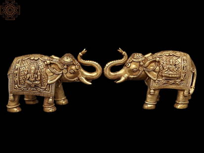 8" Auspicious Gaja Elephant Pair with Lakshmi Ganesha Figures in Brass | Handmade | Made in India: Title: 8" Auspicious Gaja Elephant Pair with Lakshmi Ganesha Figures in Brass | Handmade | Made in India Description: BRASS STATUE Height: 5 inch Width: 3 inch Depth: 8 inch Weight: 4.59 kg Additional