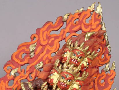 Tibetan Buddhist God Rahula from Nepal: Title: Tibetan Buddhist God Rahula from Nepal Description: Copper with Gold Plated Height: 16 inch Width: 10 inch Depth: 7 inch Weight: 5.80 kg Additional Information: Manjushri, a revered Bodhisattva