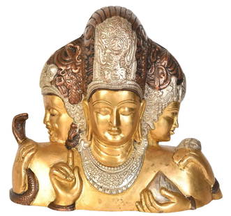 9" Trimurti from Elephanta (Brahma, Vishnu and Mahesha) In Brass | Handmade | Made In India: Title: 9" Trimurti from Elephanta (Brahma, Vishnu and Mahesha) In Brass | Handmade | Made In India Description: Brass Statue Height: 9.3 inch Width: 10.4 inch Depth: 4 inch Weight: 4.80 kg Reserve: $2