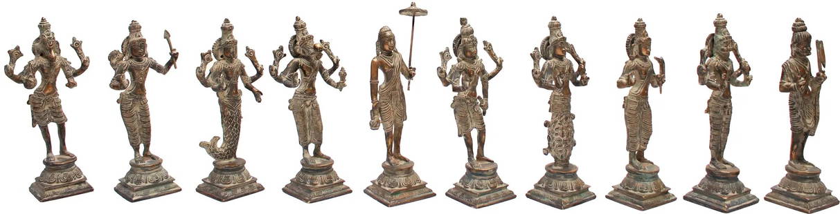 9" Dashavatara: Ten Incarnations of Lord Vishnu In Brass | Handmade | Made In India: Title: 9" Dashavatara: Ten Incarnations of Lord Vishnu In Brass | Handmade | Made In India Description: Brass Statue Height: 9.00 inch Width: 4.00 inch Depth: 2.60 inch Weight: 10.40 kg Reserve: $756.