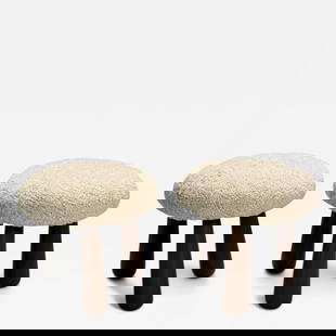 Contemporary, Danish Modern, Sheepskin Stools, Beige Sheepskin, Maple, 21st C.: Title: Contemporary, Danish Modern, Sheepskin Stools, Beige Sheepskin, Maple, 21st C.Description: Contemporary, Danish