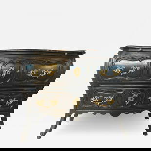 Black Distressed Bombe Commode with Bronze Mounts and Pull-Out Tray Top: Title: Black Distressed Bombe Commode with Bronze Mounts and Pull-Out Tray Top Description: Black distressed bombe commode or nightstand with bronze mounts and pull-out tray top. In this Louis XV styl