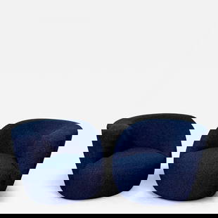 Pair of Mid-Century Modern Nautilus Style Swivel / Lounge Chairs, Blue Faux Fur: Title: Pair of Mid-Century Modern Nautilus Style Swivel / Lounge Chairs, Blue Faux Fur Description: More Information: Period: 1980-1999 Condition: New upholstery / cushioning. Creation Date: 1990 Styl
