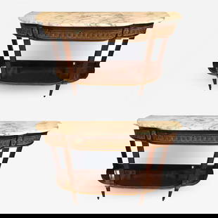 Pair of Jansen Style Marble-Top Bronze Mounted Consoles: Title: Pair of Jansen Style Marble-Top Bronze Mounted Consoles Description: Pair of Jansen style marble-top bronze-mounted consoles. A pair of Maison Jansen demilune form console tables. Simply the fi