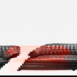 Georgian, Chesterfield Sofa, Tufted, Red Distressed Leather, Bun Feet, 2000s: Title: Georgian, Chesterfield Sofa, Tufted, Red Distressed Leather, Bun Feet, 2000s Description: Georgian, Chesterfield Sofa or Settee, Tufted, Red Distressed Leather, Bun Feet, 2000s Four seater red