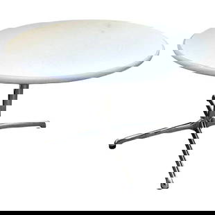 Mid-century 42″ Round Laminate Grey Dining Table w/ Chrome Base by Steelcase: About the Item Late Mid-century Tulip inspired Steelcase 42&#8243; office dining lunch round table with a laminate grey top and chromed steel base.It features a sleek, neutral surface that resists wea