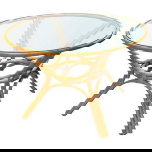 Restored 3-Strand Rattan Round Dining Table with Glass Top: About the Item Restored mid-century rattan round dining table featuring an hourglass leg base with a round glass top. Glass can be a custom size up to 60" diameter by request. Current diameter is 44".