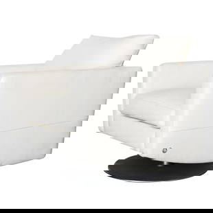 Modernist White Swivel Lounge Chair with Brush Steel Base: About the Item Modernist white swivel lounge chair with brush steel base and heavy vinyl covers by Permaguard. Avalible: Two. Dimensions: Height: 31 in (78.74 cm)Width: 29 in (73.66 cm)Depth: 34 in (8