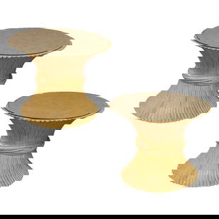 McGuire "Sheaf of Wheat" Stacked Hourglass Rattan End Table, Pair: About the Item A pair of rattan side tables by McGuire feature sculptural organic modern hourglass design and glass tops. The McGuire "Sheaf of Wheat" Stacked Rattan End Table is an elegantly Organic