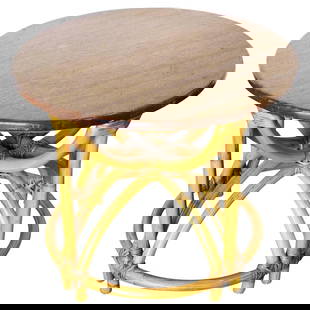 Restored Vintage Five Strand Hour Glass Rattan Coffee Table: About the Item Five-strand Rattan "Hour Glass" coffee table, circa 1940. This rare rattan table features a unique half glass made with shaped rattan poles that hold a circular Mahogany top. 1950, Unit