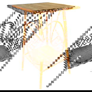 Restored Aesthetic Movement Tiger Tortoise Bamboo Pedestal Side Table: About the Item Late Victorian tiger bamboo pedestal side table with rice mat top and a secondary bottom shelf usually used for a potted plant. bamboo furniture from this era is usually associated with