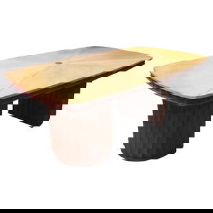 Eliel Saarinen Style Dining Table with Sculpted Bases and Inlay Top: About the Item Rare two-tone formal French Art Deco dining room table with sculpted bases in the style of furniture designed by Eliel Saarinen. The tabletop features an inlay tabletop with dark walnut