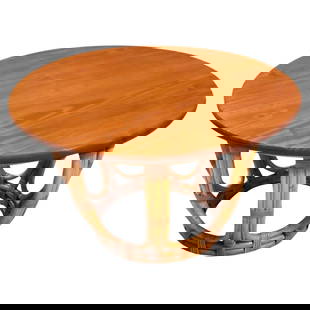 Restored Mid-century Rattan & Mahogany 3-Strand Round Drum Base Coffee Table: About the Item This beautifully restored Paul Frankl style rattan and round mahogany coffee table with a drum-shaped rattan base and wicker leg wrappings. The table is meticulously refinished to highl