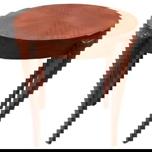 Dakota Jackson "Eland" Round Mahogany Side Table: About the Item Dakota Jackson designed "Eland" round top mahogany side table with sculpted legs. The Eland Collection evokes both the grace of the African Eland antelope and the sense of movement and
