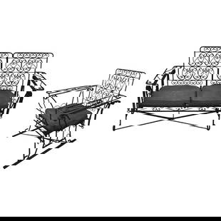 Wrought Iron Slider Rocking Chair & Settee Patio Outdoor Set w/ Scrolling Arms: About the Item A set of 1950s Mid-Century Woodard style wrought iron wire patio/outdoor seating featuring a slider rocking lounge chair and Settee. Each features a scrolling seat back and armrests res