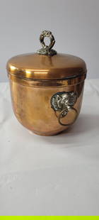 Vintage Copper Silver Panther Cat Bust Ice Bucket barware Milk Glass: Vintage Copper and Silver Panther Car Bust Ice Bucket barware bar accessories The inside is milk glass In good to fair condition, no broken areas. Unique to display. The Handles look like a cat bust.