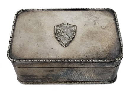 Vintage Snuff Tobacco Stash Bernard Rice Son BRS Silver Plated Box Marked with Coat of Armor Family: Nice Nickle Silver Box marked BRS with a Family Crest Medallion on top.&#194;&#160; Unique piece, in good condition with tarnish, wear and scratches. Measures 2"h x 3"D x 4.5" W, numbered 6277&#194;&#
