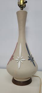 Vintage MCM Chalk Table Lamp Walnut Wood Base Blue Pink White Stars Starburst Signed: Vintage MCM Chalk Table Lamp Walnut Wood Base, Blue Pink White Stars Starburst Signed The Lamp is in good working condition with minor wear and scratches (see pics) Measures 23"H to the bottom of the