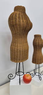 2 Vintage Wicker Natural Busts Black Wrought Iron Stand Minimalist Display Jewelry, Headbands,: 2 Vintage Wicker Natural Busts Black Wrought Iron Stand Minimalist Display Jewelry, Headbands, Scarves, In good condition, minor wear and minor breaks. Measures 25"H x 8" and 18.5"H x 6"W Reserve: $22