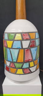 Original Vintage Mid Century Modern Italian Ceramic Table Lamp Colorful Hand Painted Italy Signed: Original Vintage Mid Century Modern Italian Ceramic Table Lamp Colorful Hand Painted Italy Signed The Lamp is in good working condition with heavy wear, cracks and chips. One side of the lamp has a la
