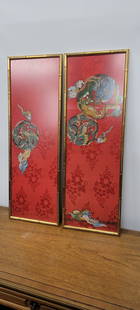 Pair Vintage Red Framed Tapestry Dragon Serpent Pair Hanging Wall Art Hand Painted Silk Thai Asian: Pair Vintage Red Framed Tapestry Dragon Serpent Pair Hanging Wall Art Hand Painted Silk Thai Asian Wood Bamboo In good condition with minor wear and scratches Professionally Framed Measures 14W x 41H.