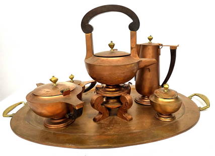 Vintage Mid Century Copper Coffee & Tea Server Set Wood Handles 6 Piece with Tray: Teapot on Stand w/warmer 14" x 9.5" x 7Tall Tea pot or Coffee server 10.5 x 6.5 x 4Medium Tea Pot 11" x 6.5"H x 7", has a chip on the edge, see pic Small one 8" x 4.5" x 4Small Bowl 4" x 2.5"Lidded Po