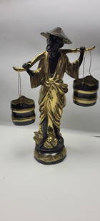 Vintage Gilt Bronze Asian Table Metal Art Sculpture Chinese Man carrying buckets: Vintage Gilt Bronze Asian/Chinese Man carrying buckets figurine/statue. This unique statue is beautifully crafted. Chinese water carrier. Figure of patinated and gilded bronze in the form of a Chinese