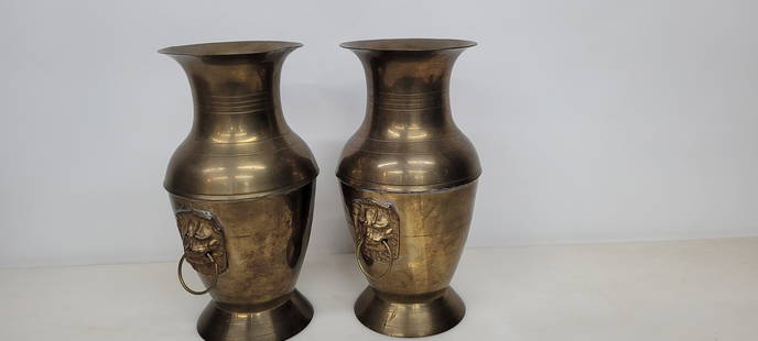 Vintage Pair Brass Vases, Tiger Motif Neoclassical Traditional Style: A vintage pair of lion head with ring vases urns. Nice for a mantel, bookshelf or on a table. Can polish and leave the patina. In good condition with heavy tarnish, wear, scratches. 9.5"h x 5"W Please