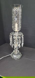 Vintage Crystal Hurricane Lamp Glass Prisms Candle Stick Table Light Victorian Vanity Dresser Shabby: Vintage Crystal Prisms Glass Table Lamp Victorian Antique Lighting Vanity Dresser Accent Original Label reads Abbey Star Crystal New York In good working condition, no chips or cracks Has the original
