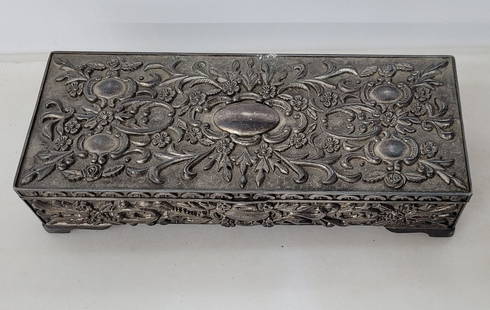 Vintage 19th century victorian silver repousse jewelry box coffin style ornate red velvet lined case: Finely Crafted 19th century Victorian silver repousse Vintage Jewelry Box Coffin Style Ornate Red Velvet Lined Case In good condition with heavy tarnish and minor wear and scratches No markings and th
