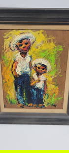 Mid Century Modern Oil on Board portrait Vintage Print Young Man Boy Father Son Figurative: Vintage Spanish Mexican Style Father Son, brothers, Oil on Board Signed Tink. Overall in good condition, spots or stains on from and board, and minor wear. No rips or tears. Wood Frame. 27"Hx23"Wx1"D,