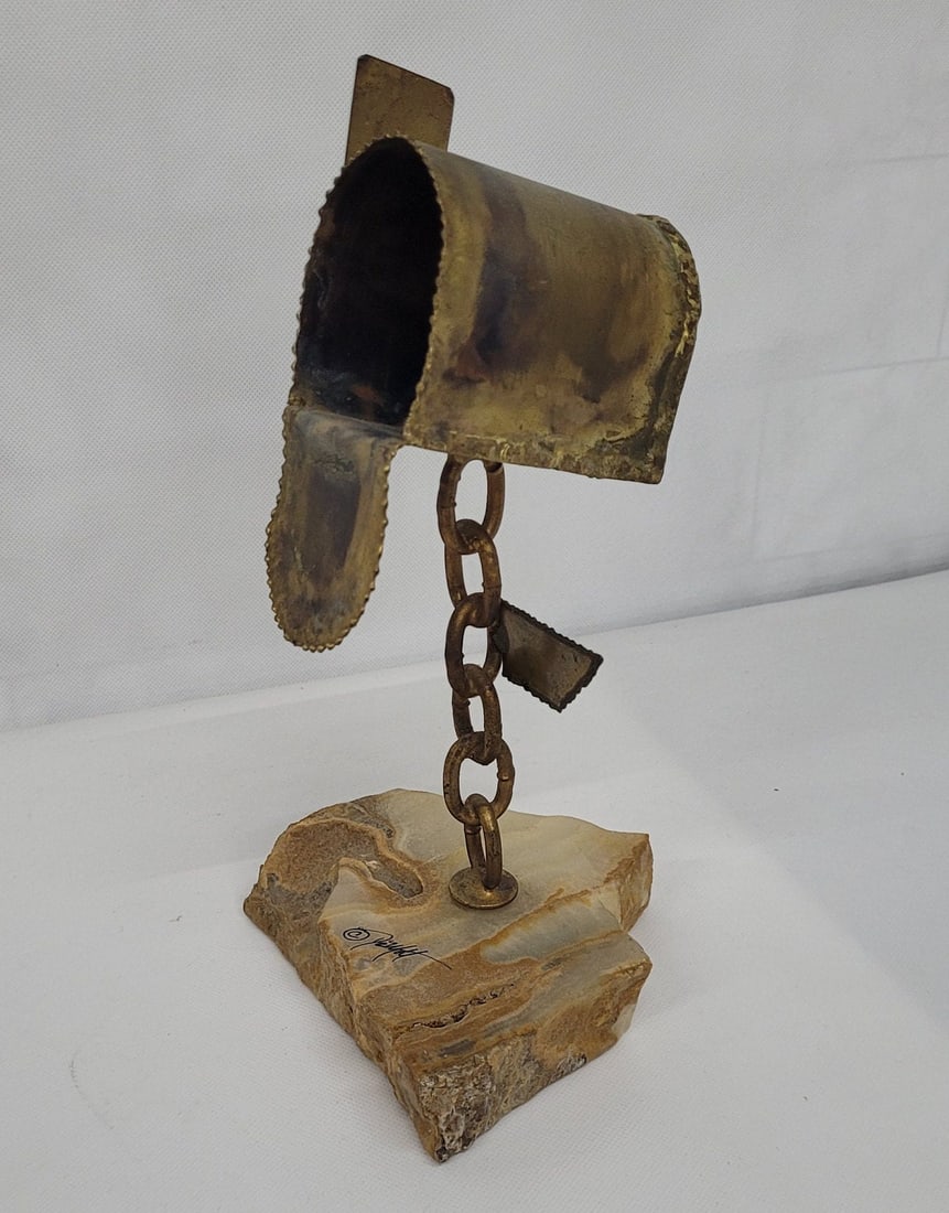 Mid Century Modern Metal Art Brass Mail Box Cortz Rock Base Signed DeMott brutalist (1 of 7)