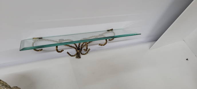 2 Mid Century Wall Sconce Shelves Pair Twisted Gold Metal and Glass Top Display Vintage Decor: Mid Century Wall Sconce Shelves Pair Twisted Gold Metal and Glass Top Display Vintage Decor Versatile Pair of Wall Shelves, great to display your items, pictures etc... Measures 5"H x 18"W x 5"D the s