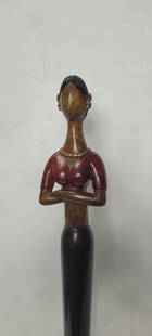 Vintage Pier 1 Tall Skinny Sculpture Statue Brown Lady Modern African American Women Wood Hand: Vintage Pier 1 Tall Skinny Sculpture Statue Brown Lady Modern African American Women Wood Hand Craved Folk Art, In good condition with a crack in the center (see pic) with minor wear Measures 27"H x 3
