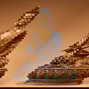 Tibetan Buddhism Colored Drawing Gilt Gold Copper Medicine Buddha Statue: Title: Tibetan Buddhism Colored Drawing Gilt Gold Copper Medicine Buddha Statue Date/Period: Origin: Dimension: 220 x 160 (mm)8.66 x 6.30 (inches) Weight: 0.42 lbs/ 1100 g Materials: Gilt Gold Copper