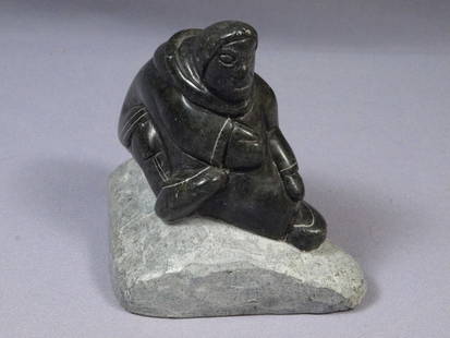 Inuit Eskimo Native American Soapstone Native Man Hunter Sticker Lydia SIGNED: This is a vintage Primitive Native American Eskimo Figurine. The figurine is made from soapstone. It shows a man/hunter. It is signed by artist at the bottom. It has "Canada Eskimo Art" sticker at the