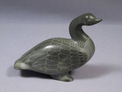 Vintage Native American Canadian Stone Carving bird Duck Goose Loon SIGNED: This is a vintage Native American Figurine. The carving is a beautiful goose or duck figure. The figurine is made from soapstone. It is signed at the bottom. It is app. 3 1/2" tall and apr. 4 1/2" lon