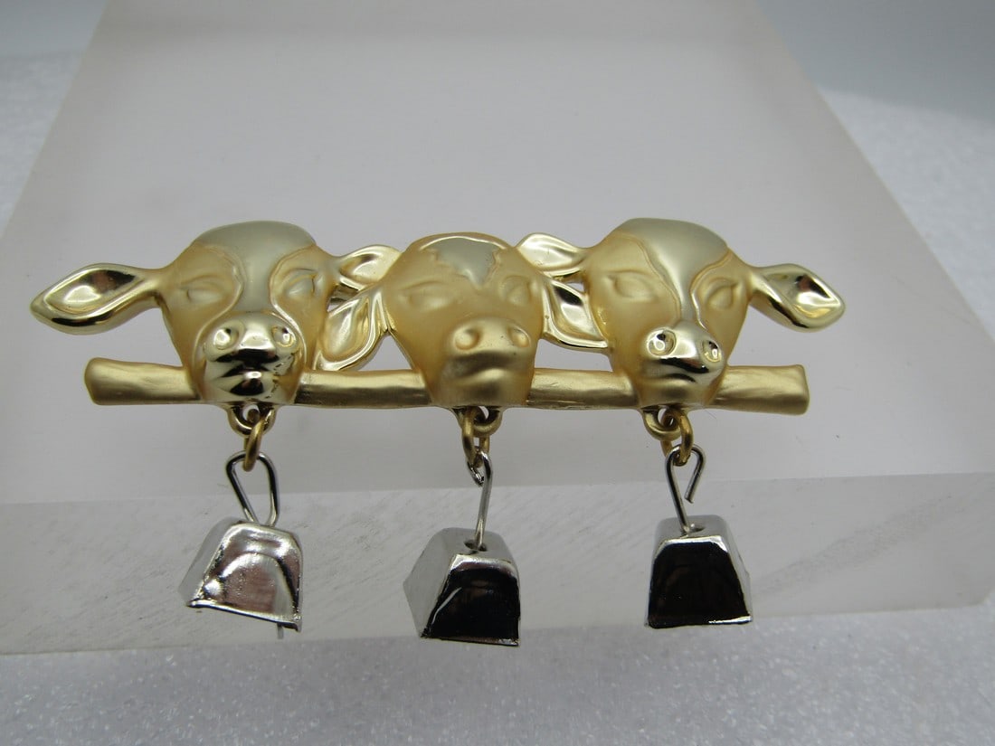VintageTriple Cows with Bells Brooch, Signed AJC, 1980's-1990's (1 of 6)