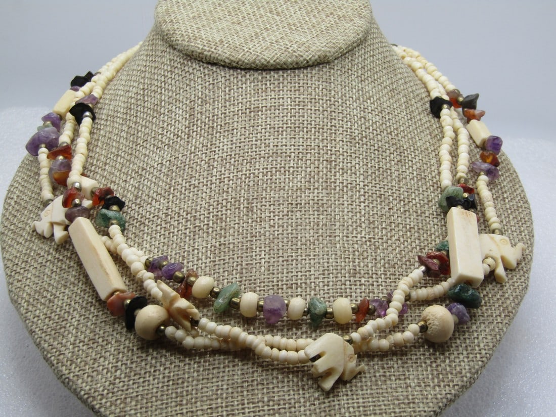 Vintage Triple Strand Carved Elephant & Agate Beaded Necklace, 20", Hook Clasp, 1970's-1980's (1 of 5)