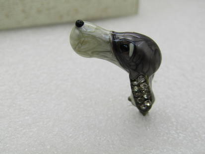 Vintage Enameled Dog Head on Spindle, Rhinestone Ears, Part to Bottle Stopper or something else: Vintage Enameled Dog Head on Spindle, Rhinestone Ears, Part to Bottle Stopper or something else. Gray and white pearly heavy enameling heavy metal spaniel or pointer head with pave rhinestone earls. A