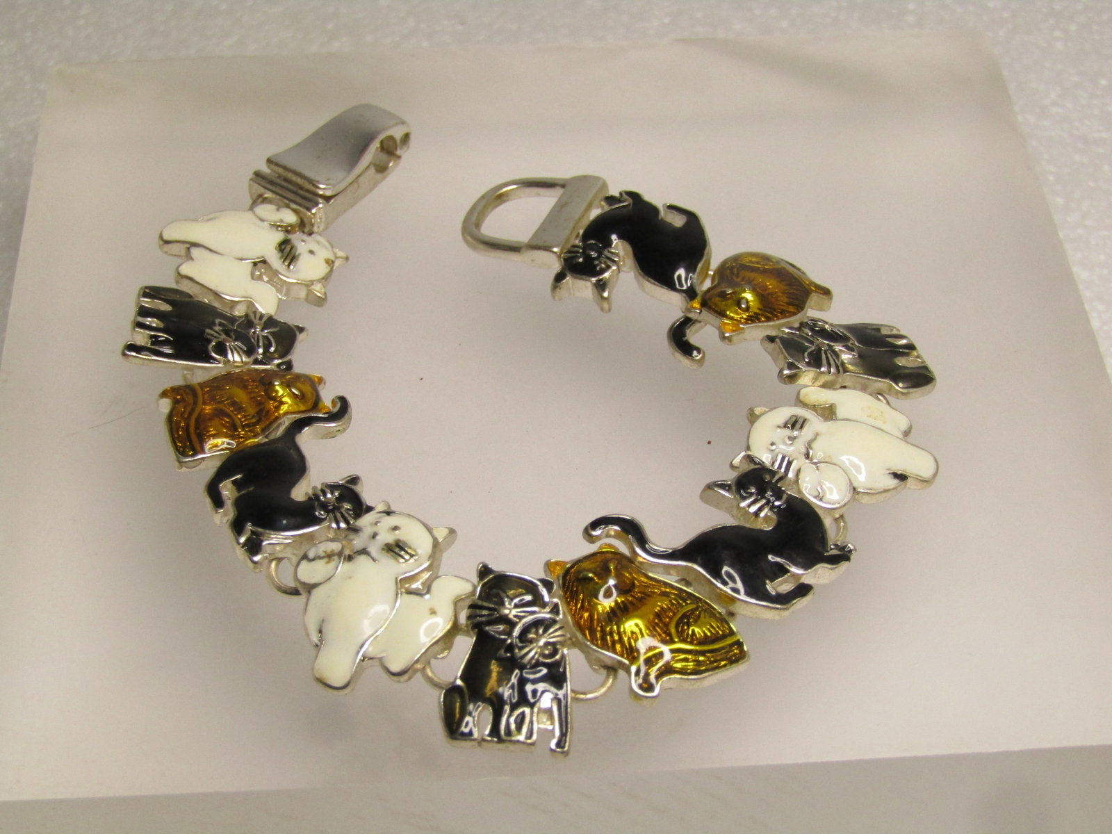 Enameled Mixed Cat Link Bracelet, 7.5", Silver Tone, 2000's (1 of 6)