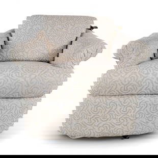 Vintage Modern Retro Oatmeal Patterened Upholstered Scroll Arm Swivel Lounge by Sam Moore: Vintage from before 2000 Vintage Modern Retro Oatmeal Patterened Upholstered Scroll Arm Swivel Lounge by Sam Moore Circa 20th Century Dimensions: H 31" W 36.5" D 37" SH: 20.5"H SD 21"D AH: 26.3" Good