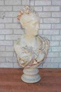 Vintage Victorian Bust: Vintage from before 2000 Vintage Victorian Bust Hollywood Regency cast plaster portrait of a lady. Flowers and ribbons beautifully accent the upswept hair and draped fabric bodice. The vintage sculptu