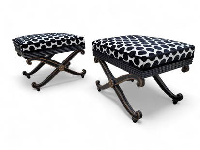 Vintage French Regency Style Ottomans Newly Upholstered in Velvet - Pair: Vintage from before 2000 Vintage French Regency Style Ottomans with Scrolled Bases and Newly Upholstered in Black &amp; White Velvet Polka Dot Fabric - Pair This exquisite pair of vintage French Regen